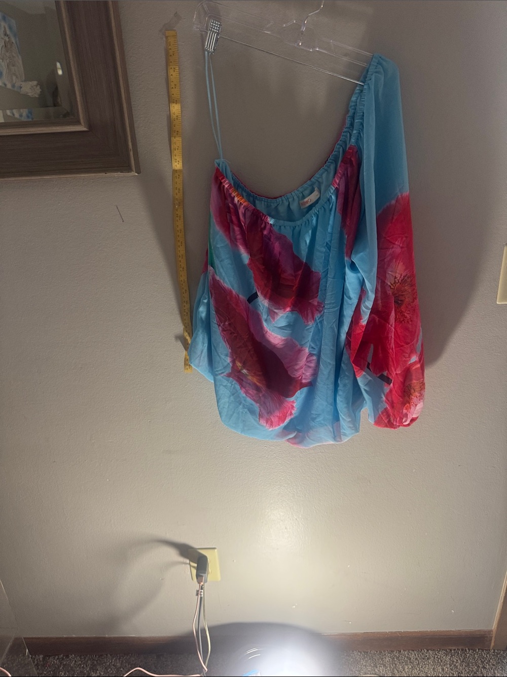 One-Shoulder Blue and Pink Floral Blouse